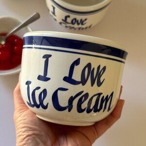 Pair of I Love Ice Cream Ceramic Bowls  – Stoneware Pint Bowls, Blue & White